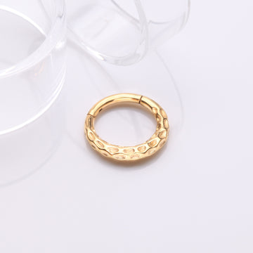 Detail View 1 of Golden Classic Hammered Texture Steel Clicker Hoop Ring